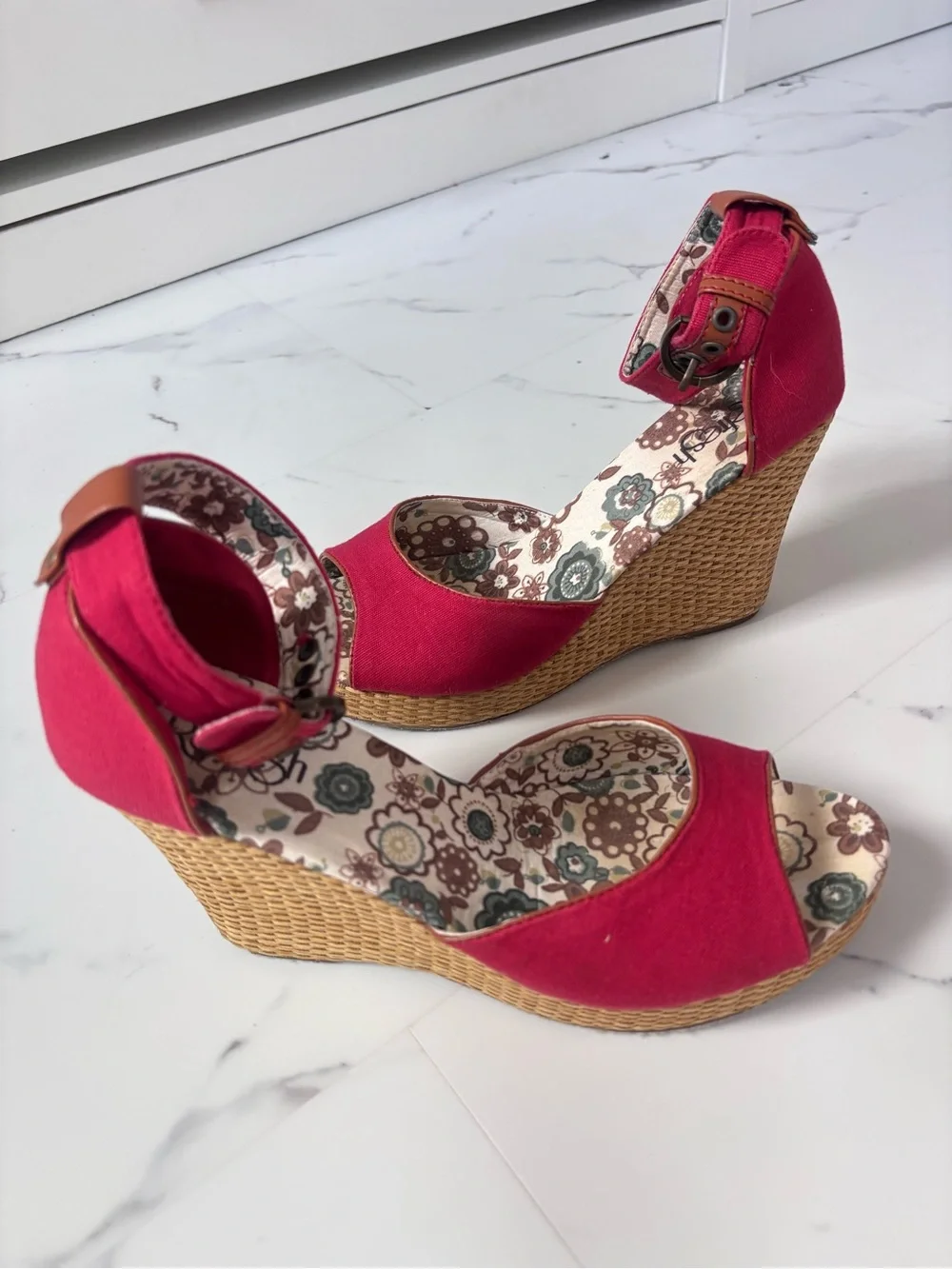 Red Espadrille Wedge Sandals Refresh Floral Platform Ankle Strap Boho Size 9